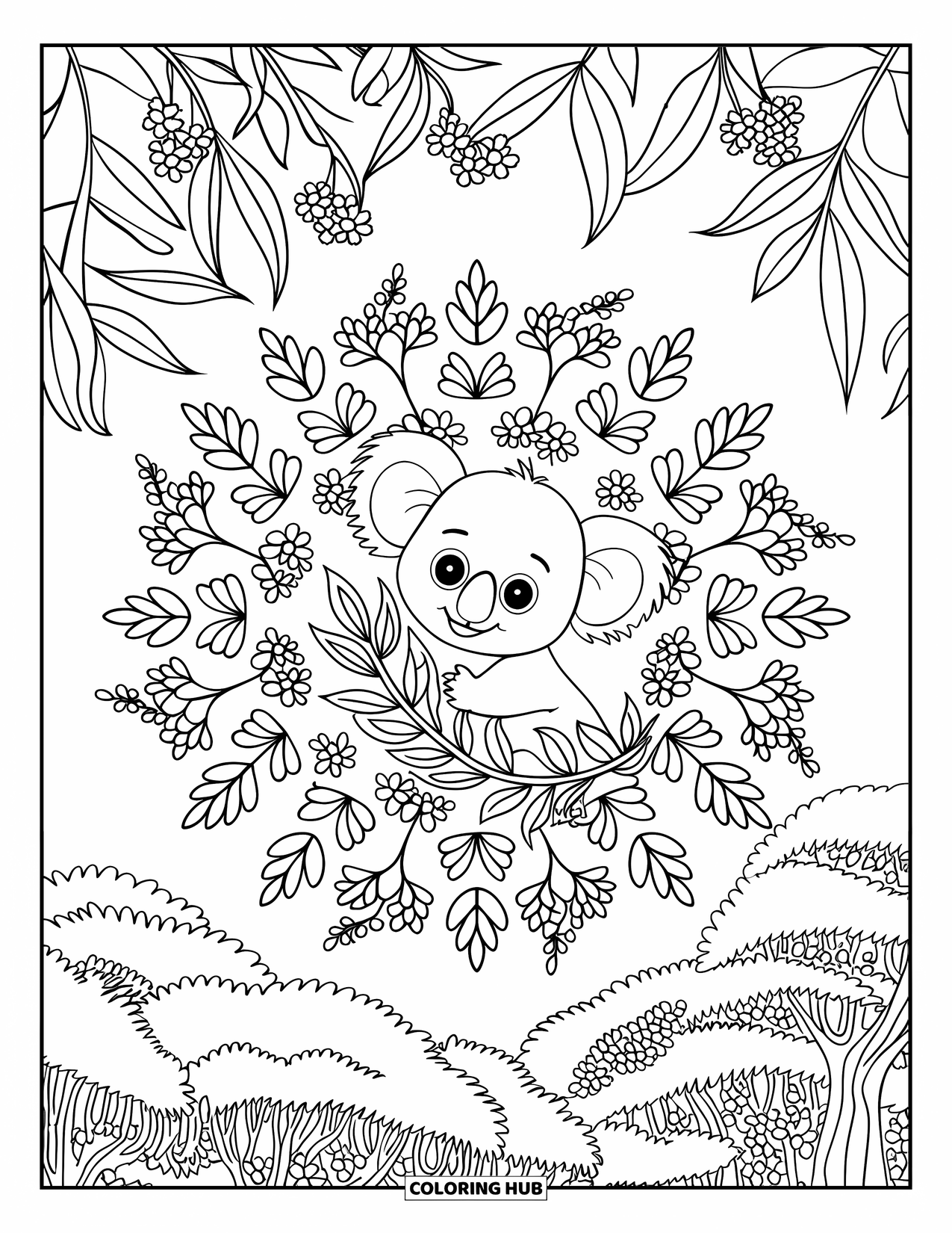 Baby Animal Coloring Page for Adults: A sweet koala hugs a branch in a mandala surrounded by a lush eucalyptus forest