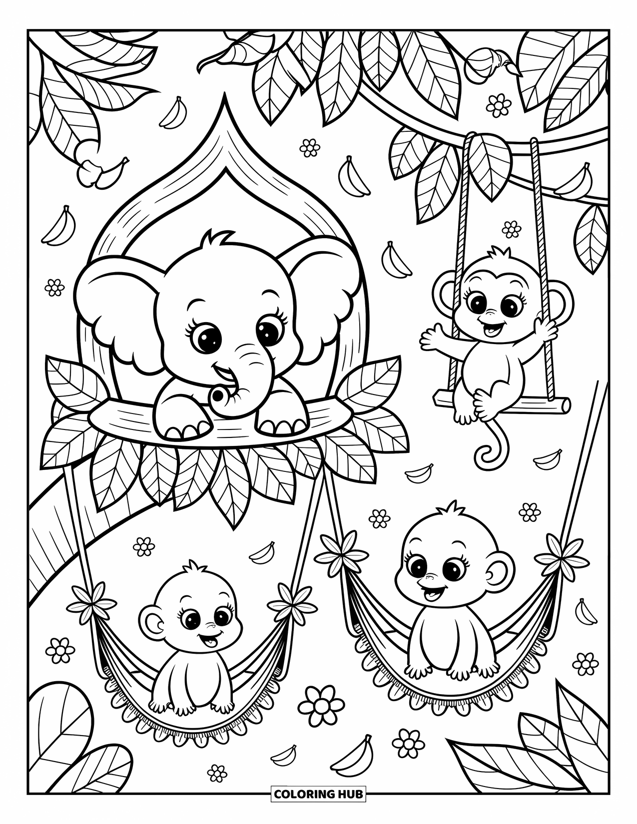 Baby Animal Coloring Page for Adults: An elephant peeks from a treehouse, a monkey swings, and a parrot perches among jungle leaves
