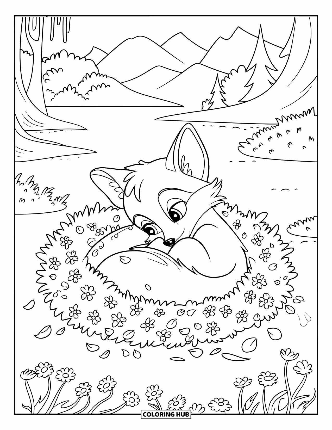 Baby Animal Coloring Page for Kids: A baby fox curls up in a bush with scattered petals