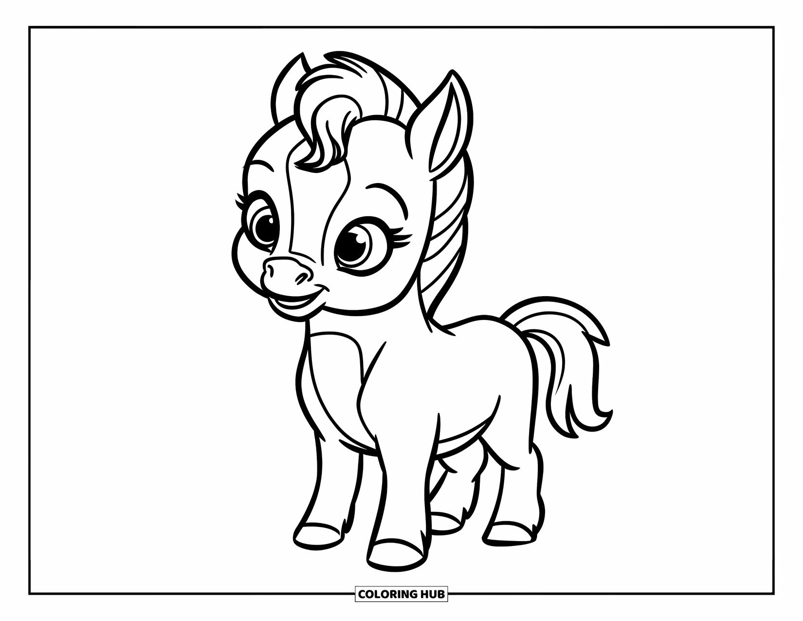 Baby Animal Coloring Page for Kids: A baby horse stands still with bright eyes and a tiny mane