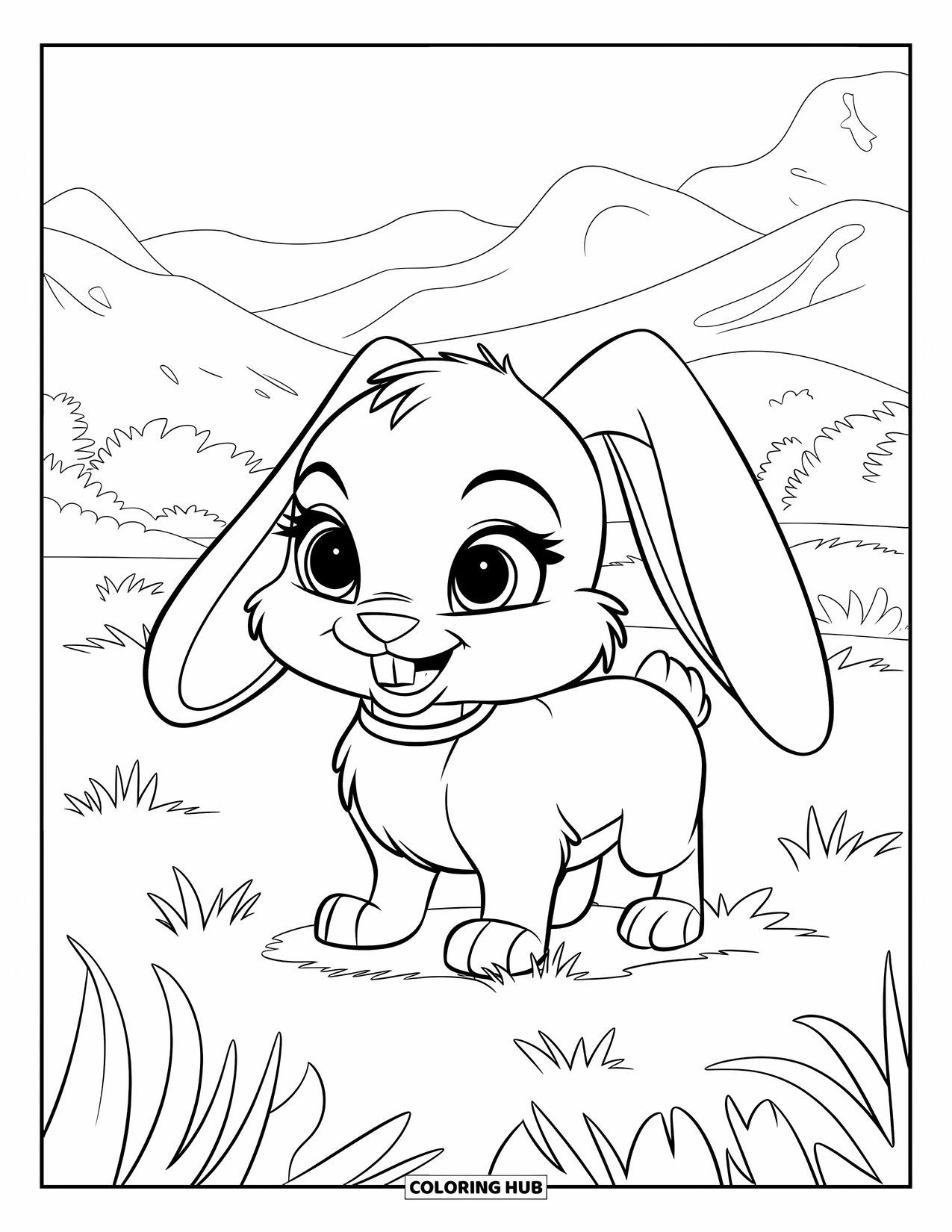 Baby Animal Coloring Page for Kids: A baby rabbit with long ears stands in short grassy turf