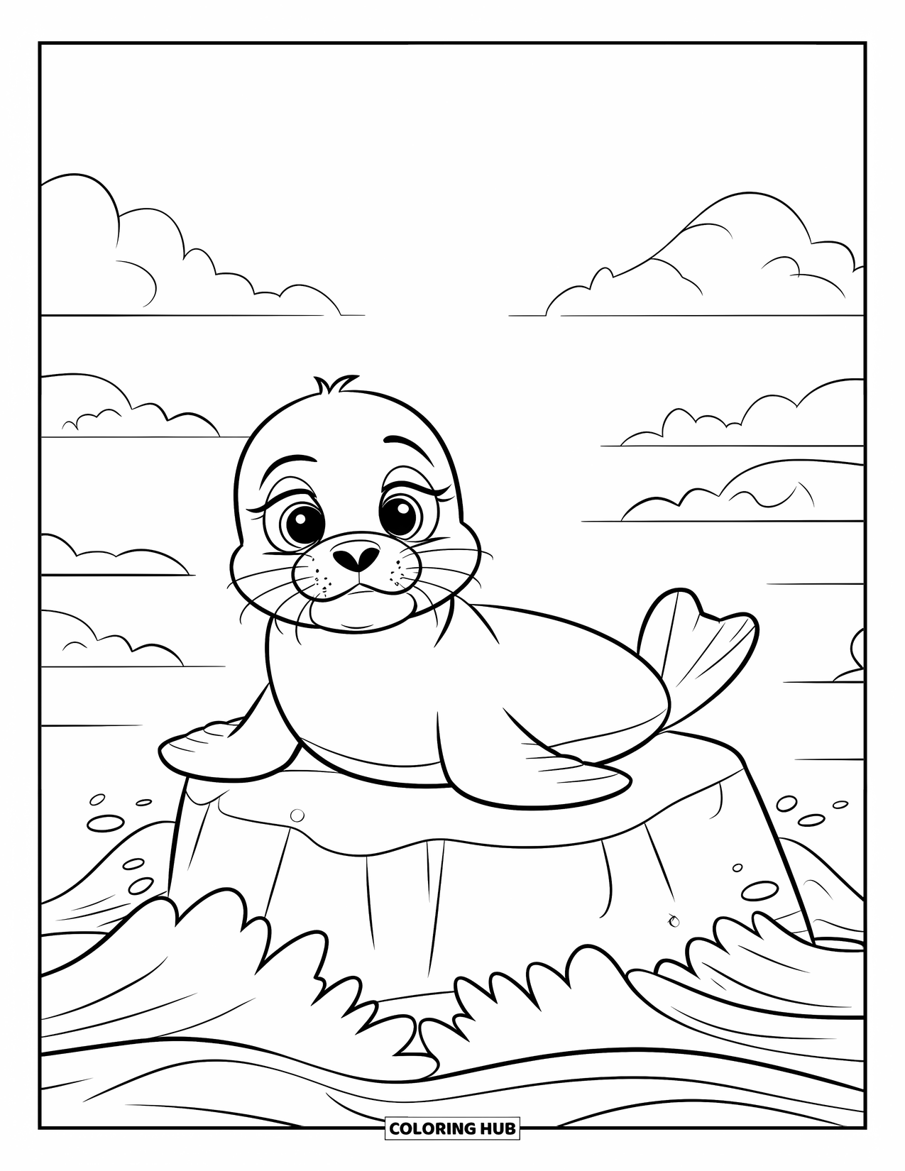 Baby Animal Coloring Page for Kids: A baby seal rests on a rock surrounded by crashing waves