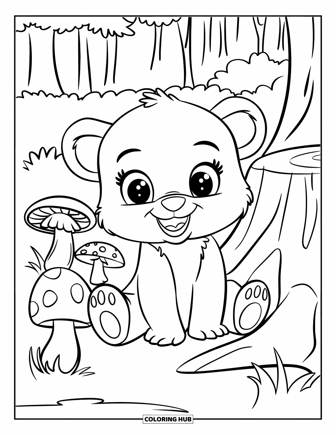 Baby Animal Coloring Page for Kids: A bear cub sits by a tree stump and mushrooms