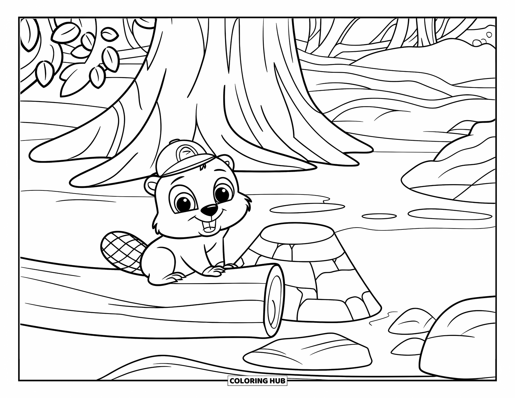 Baby Animal Coloring Page for Kids: A beaver in a construction hat sits near trees and water
