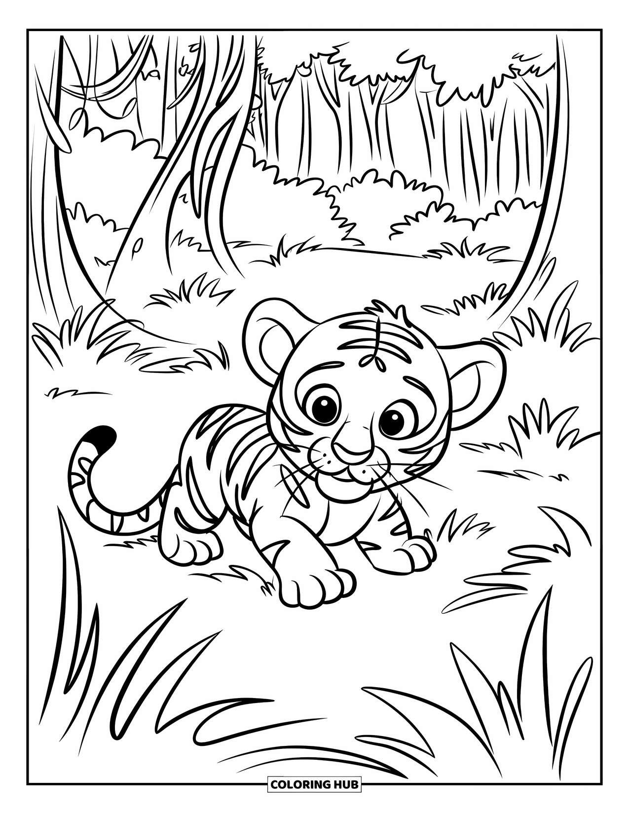 Baby Animal Coloring Page for Kids: A curious tiger crouches in a green jungle clearing
