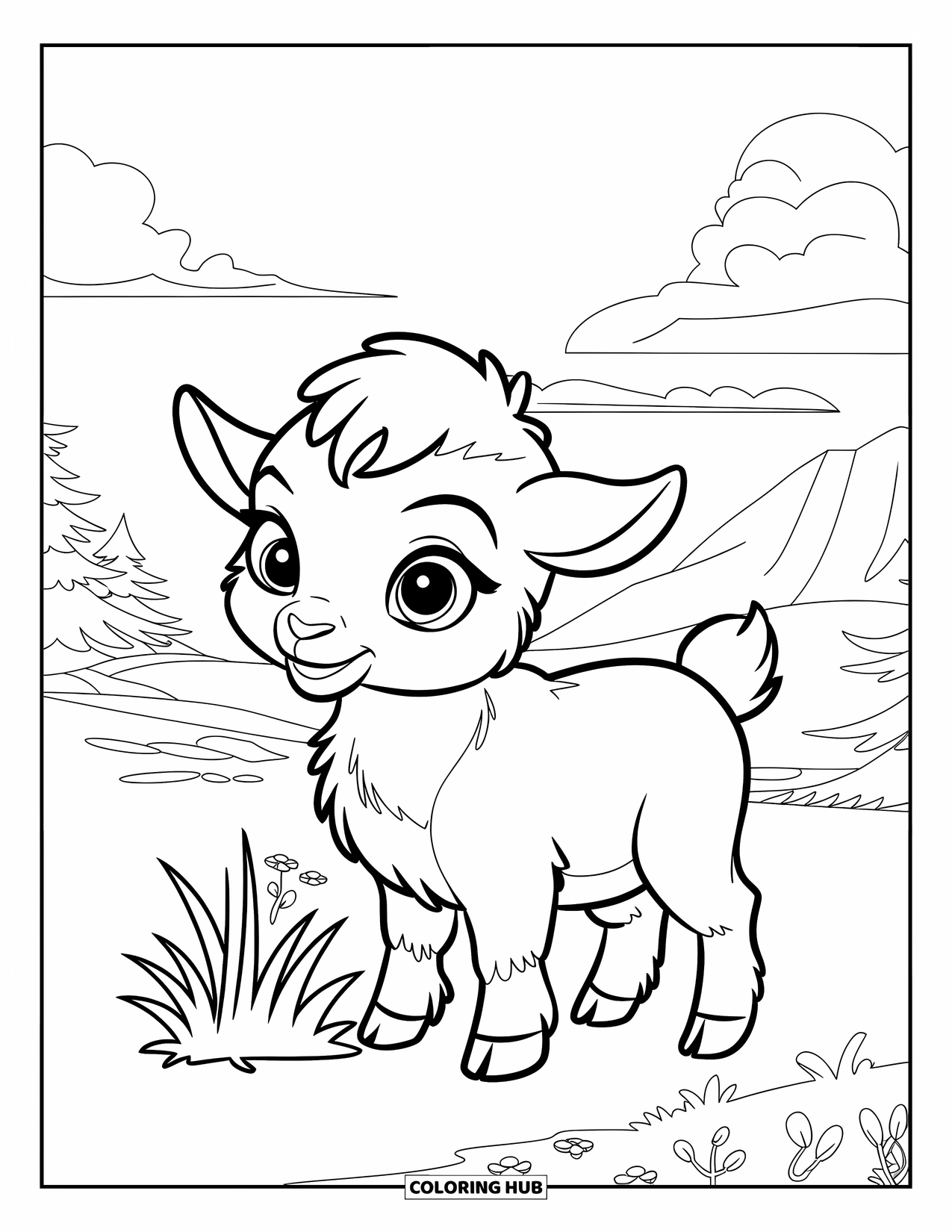 Baby Animal Coloring Page for Kids: A cute goat with black markings stands near wildflowers under a clear sky
