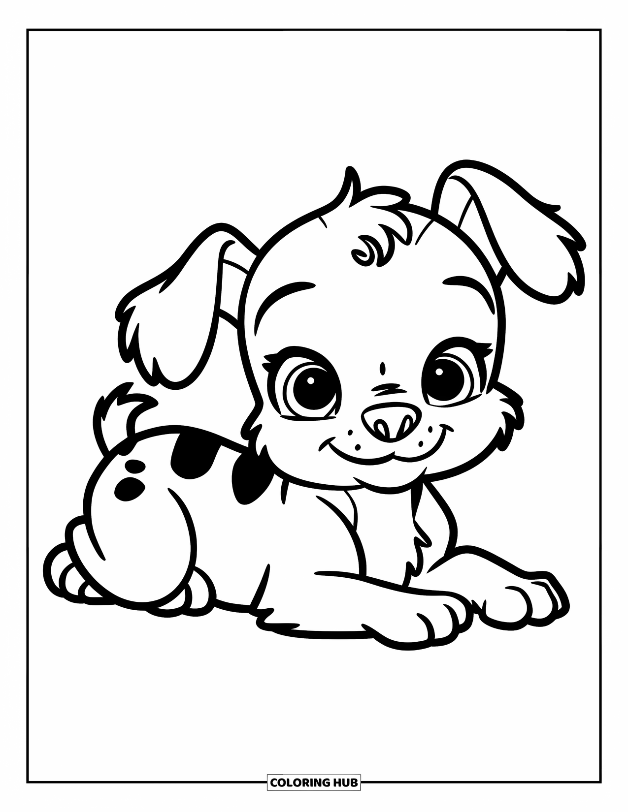 Baby Animal Coloring Page for Kids: A floppy-eared puppy lies down with a big round nose