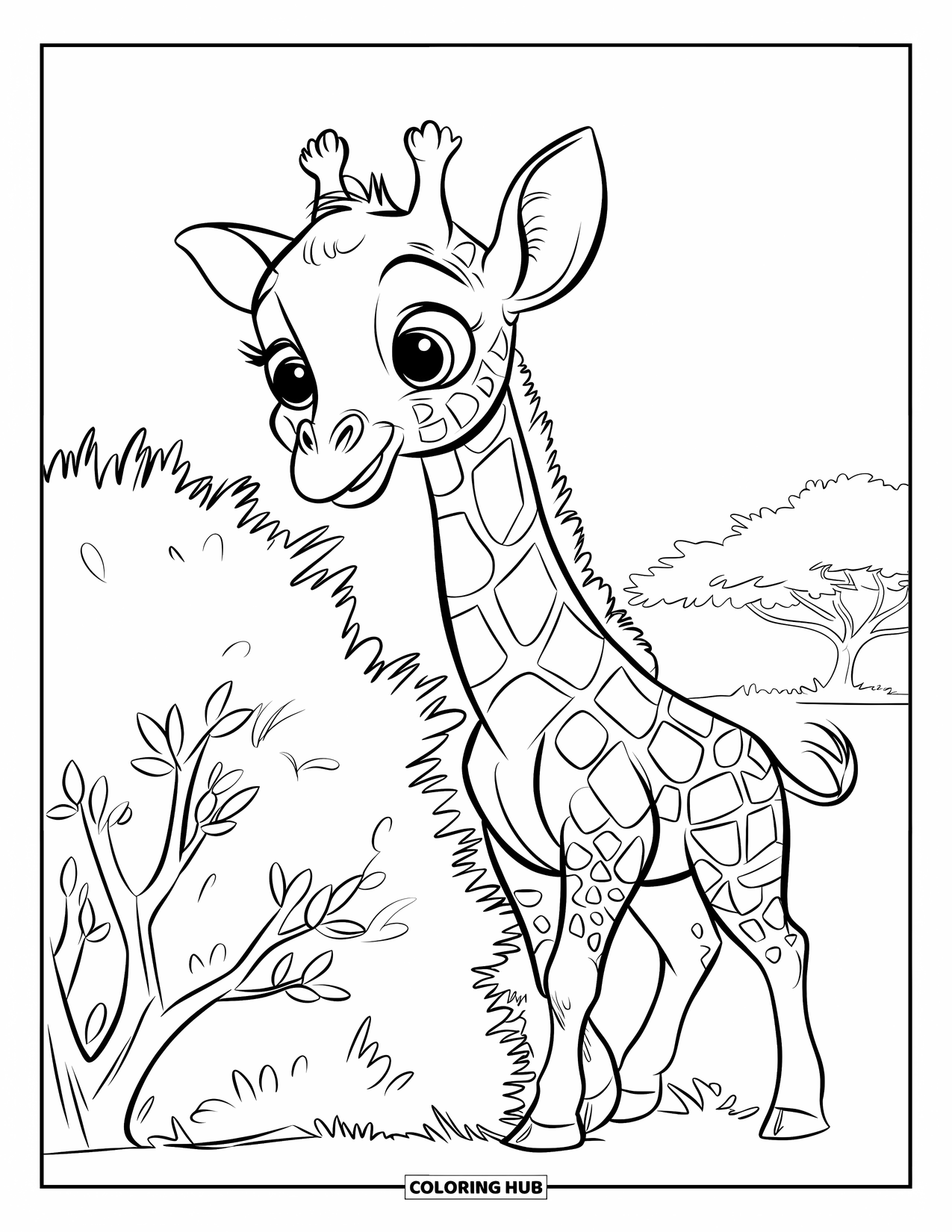 Baby Animal Coloring Page for Kids: A giraffe stretches its neck to reach a leafy branch