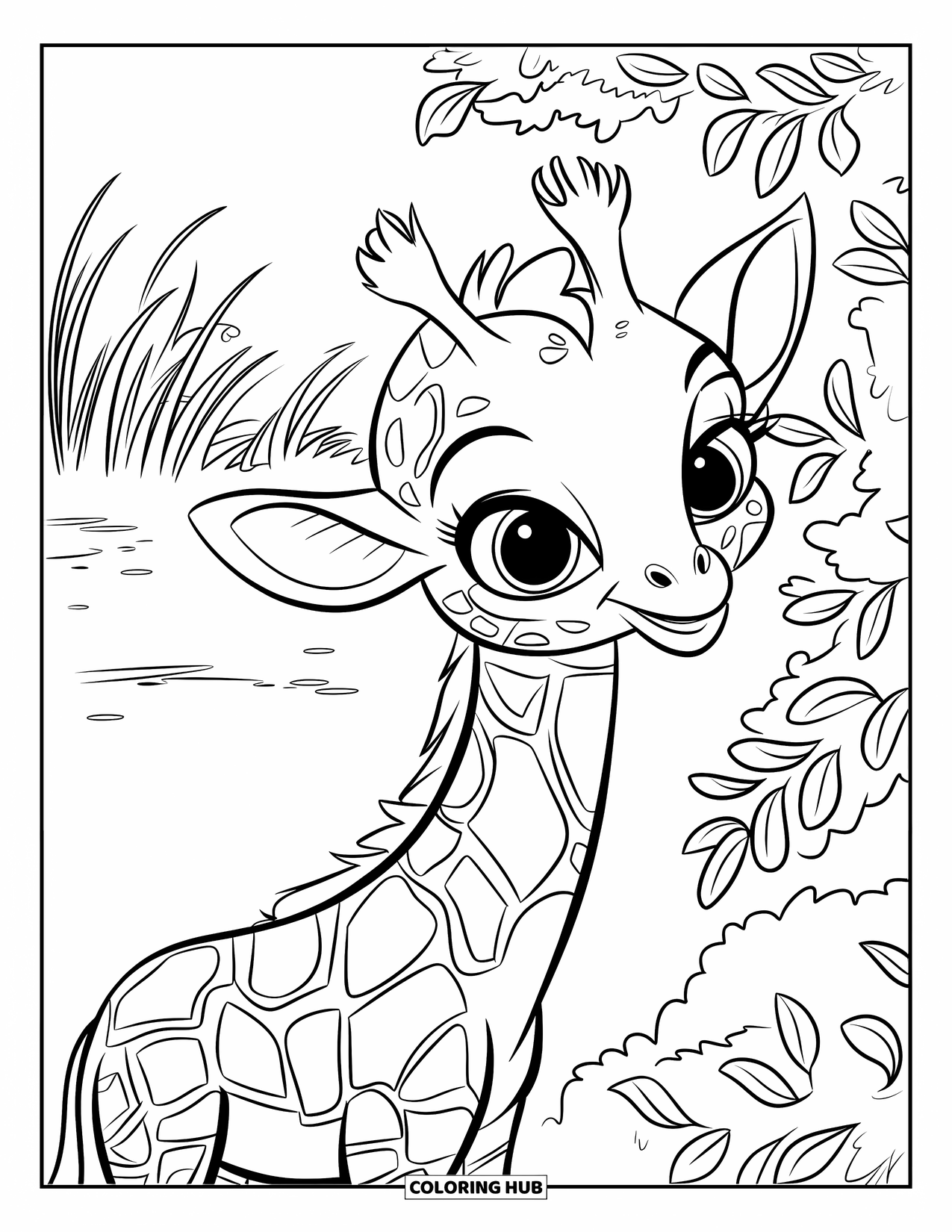Baby Animal Coloring Page for Kids: A giraffe with big eyes munches on green leaves