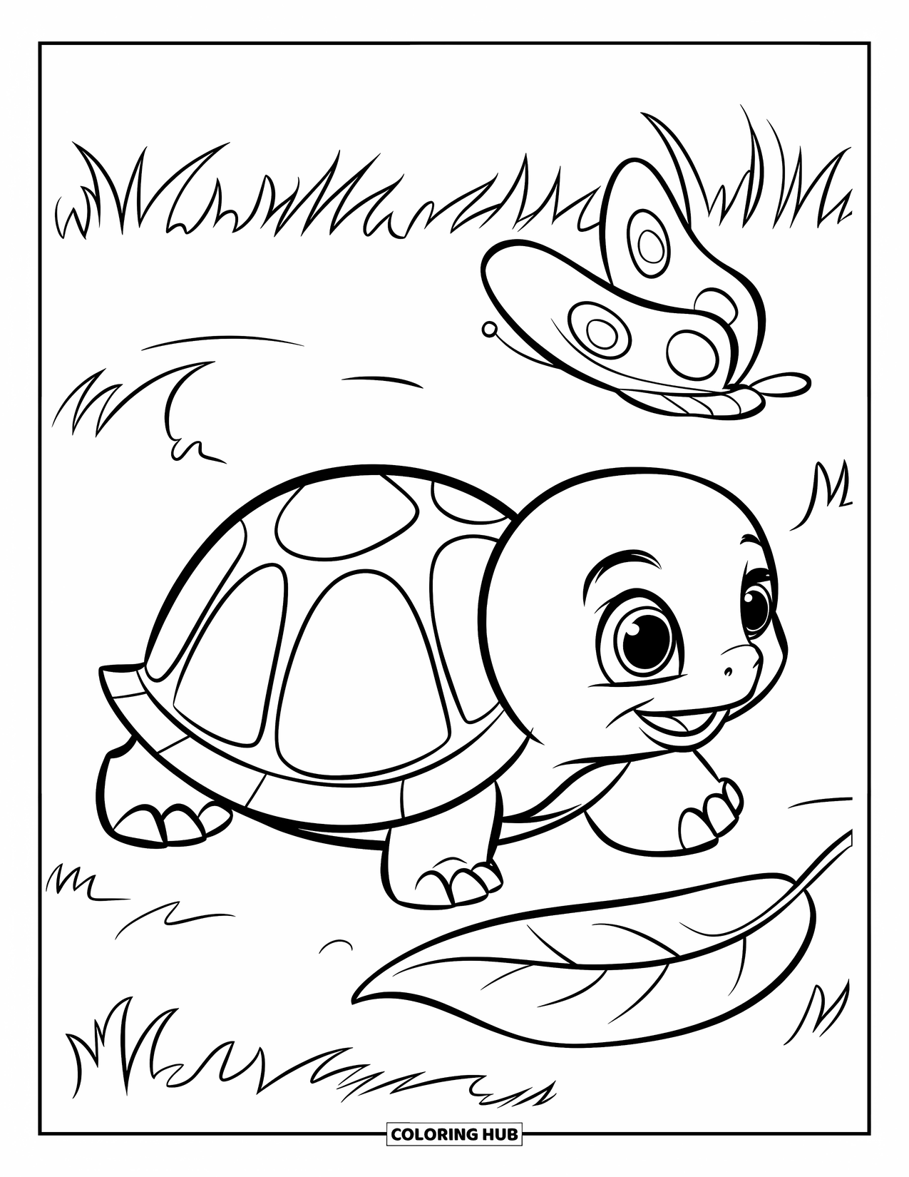 Baby Animal Coloring Page for Kids: A happy turtle with round shell crawls near a leaf and butterfly