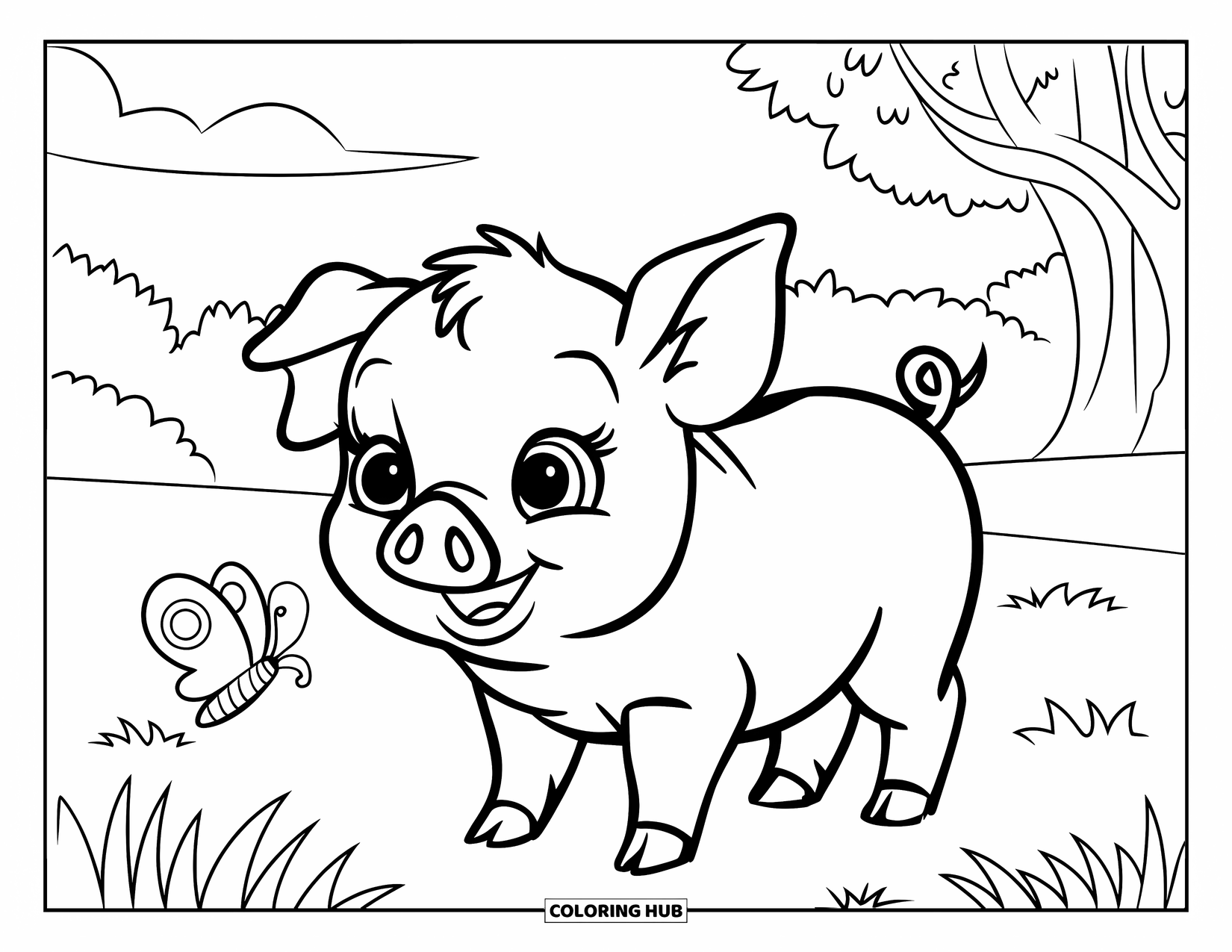Baby Animal Coloring Page for Kids: A piglet smiles as a butterfly flutters nearby