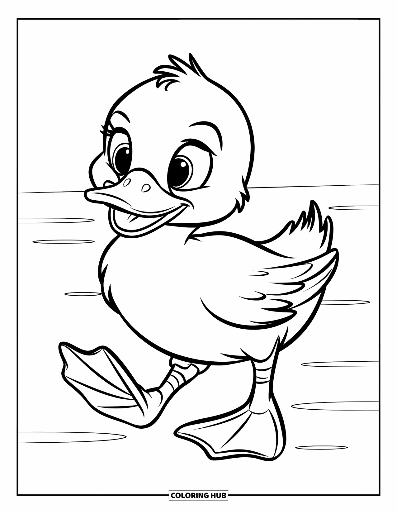Baby Animal Coloring Page for Kids: A playful duck with a yellow beak waddles in a grassy field