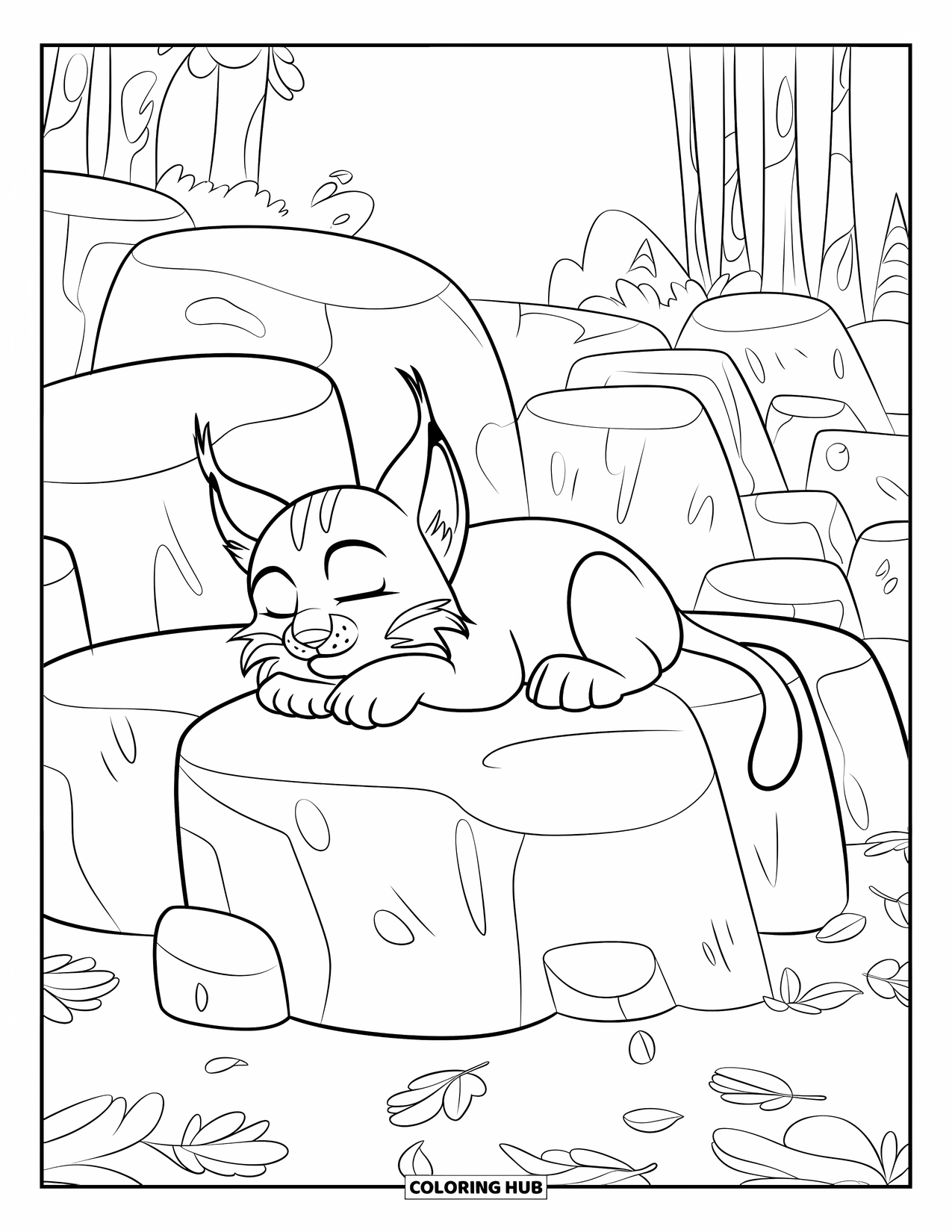 Baby Animal Coloring Page for Kids: A resting lynx curls up on rocks among forest leaves