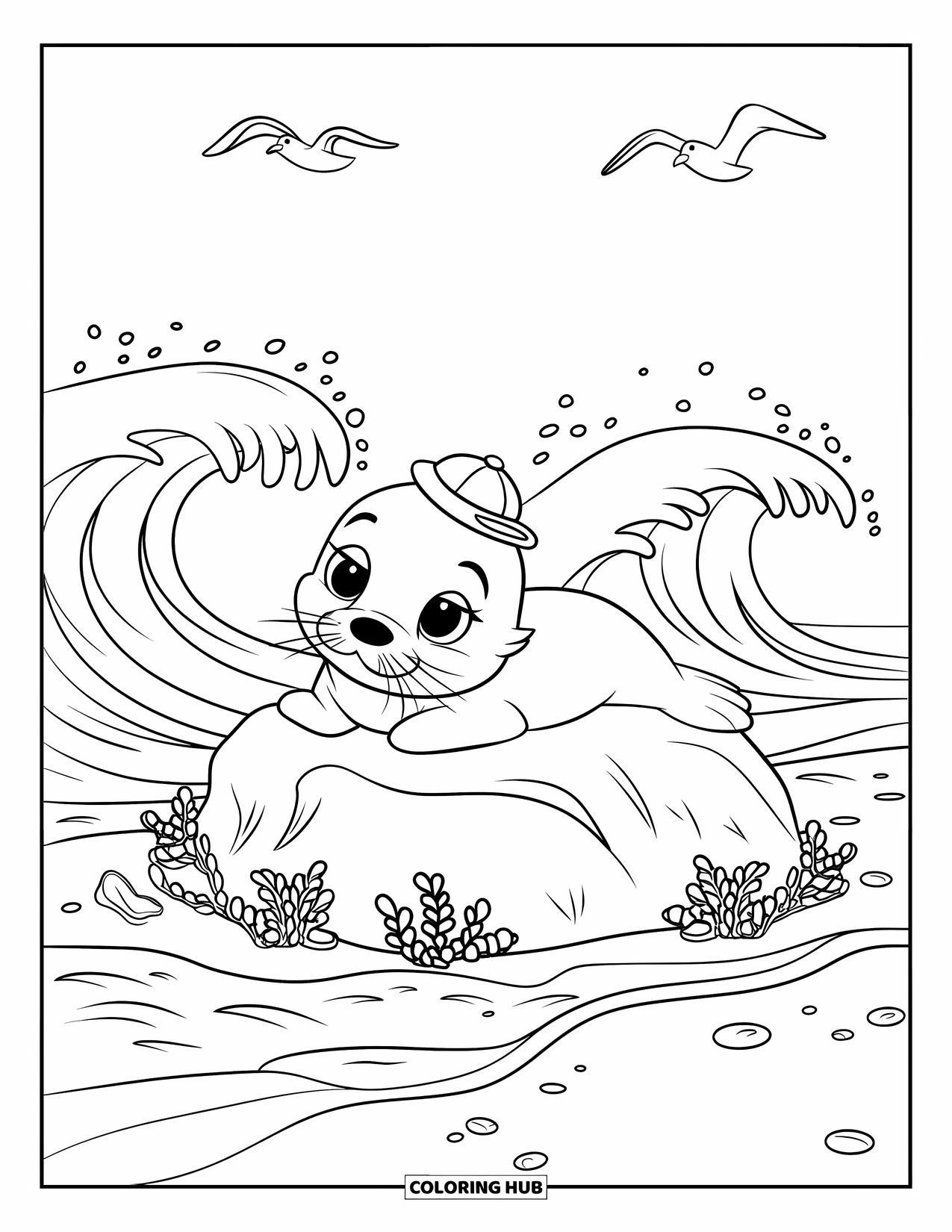 Baby Animal Coloring Page for Kids: A seal in a hat rests on a seaweed-covered rock