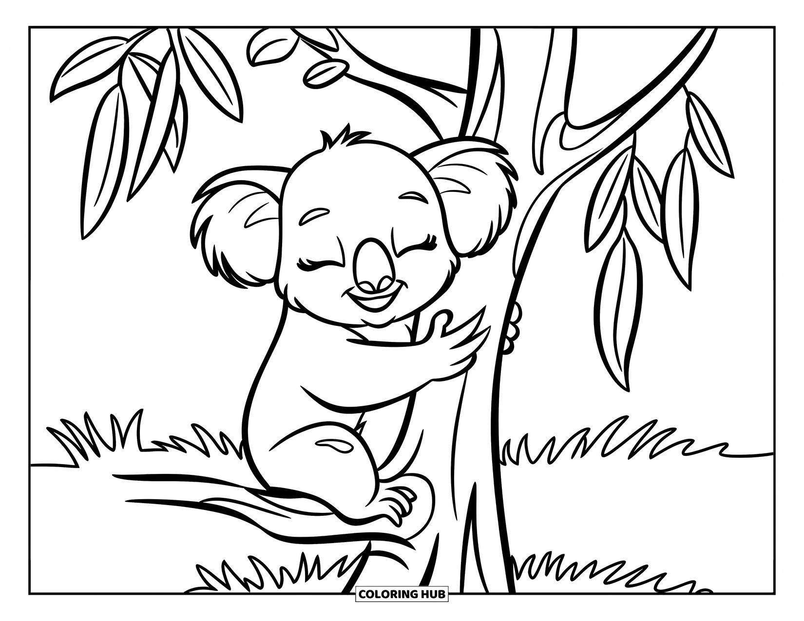 Baby Animal Coloring Page for Kids: A sleepy koala hugs a tree on a grassy hill
