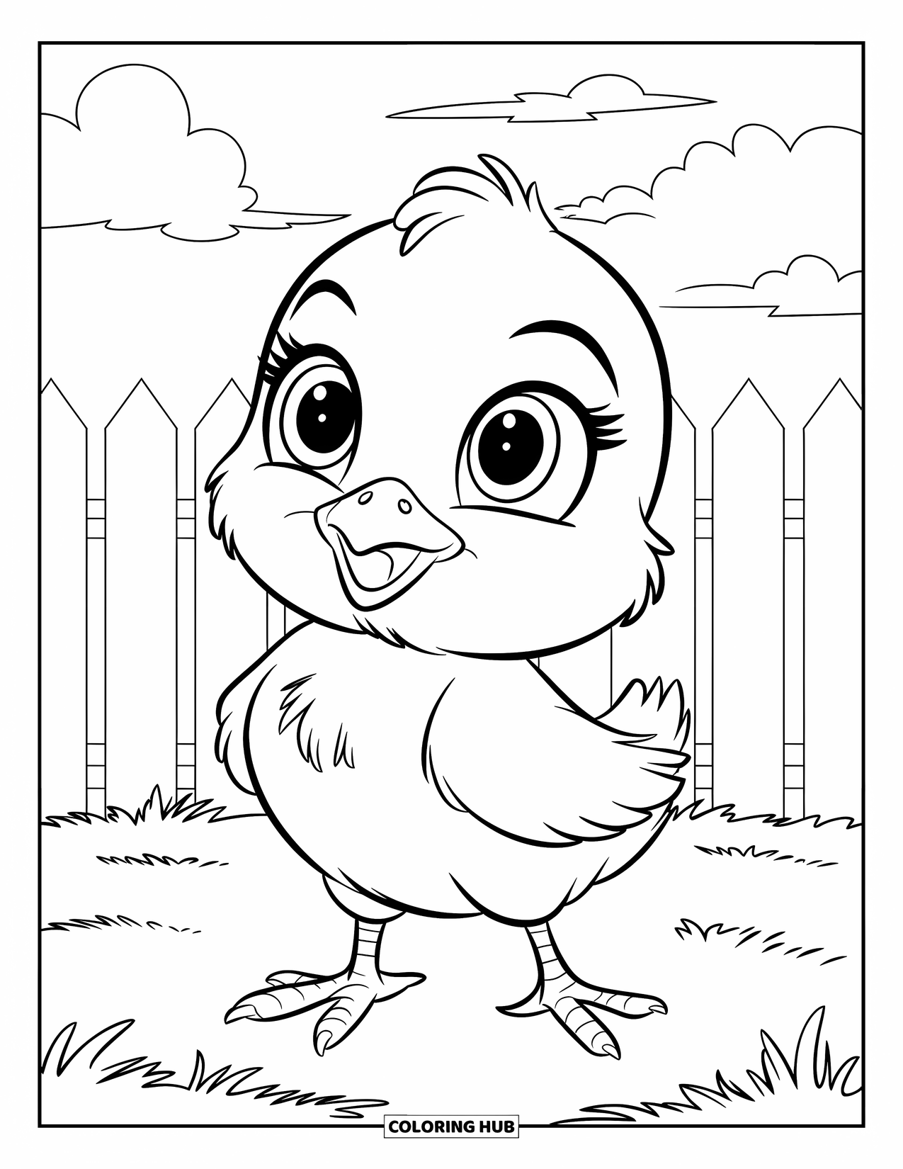 Baby Animal Coloring Page for Kids: A smiling chick stands near a white fence and fluffy clouds
