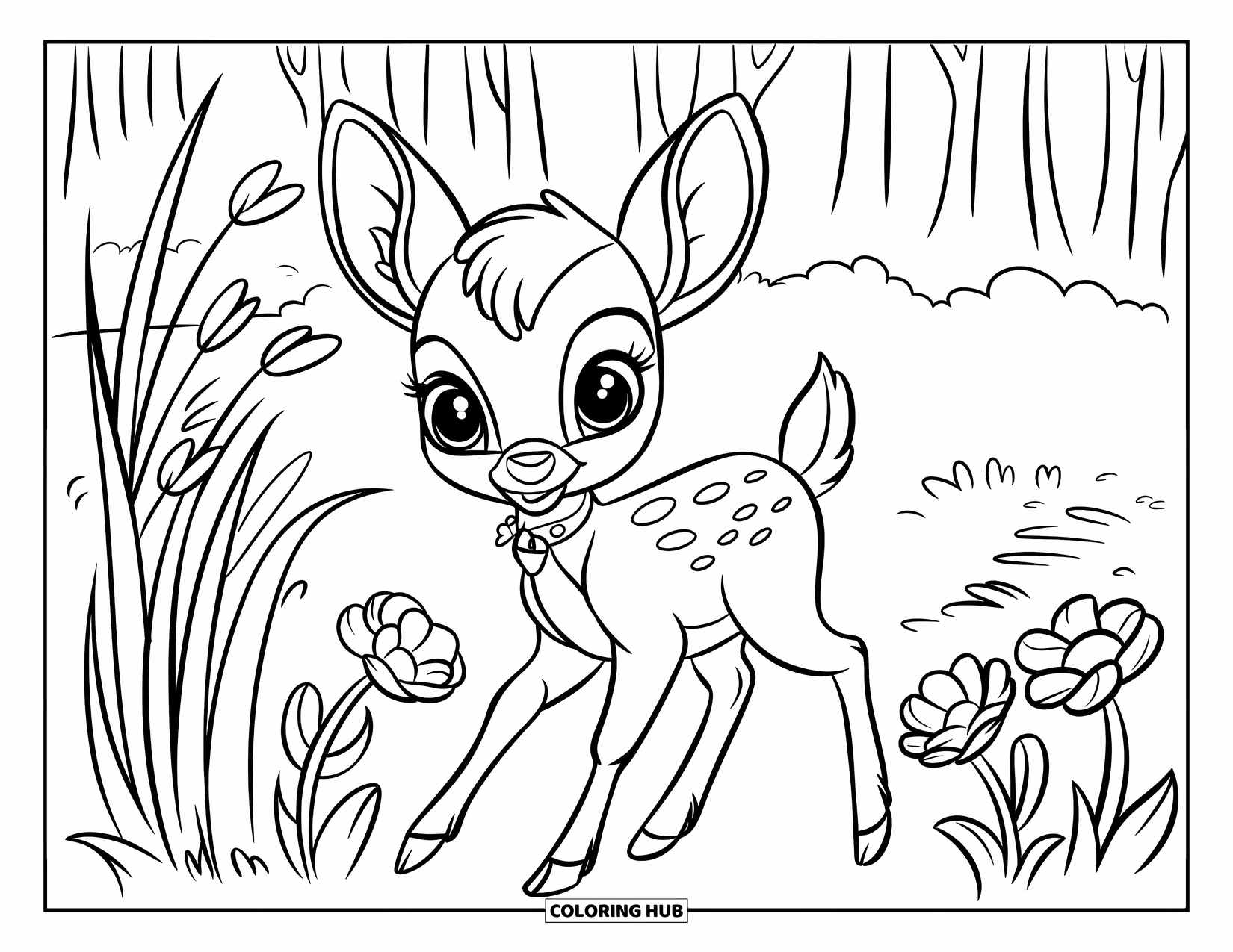 Baby Animal Coloring Page for Kids: A sweet deer with big eyes walks beside swaying grass