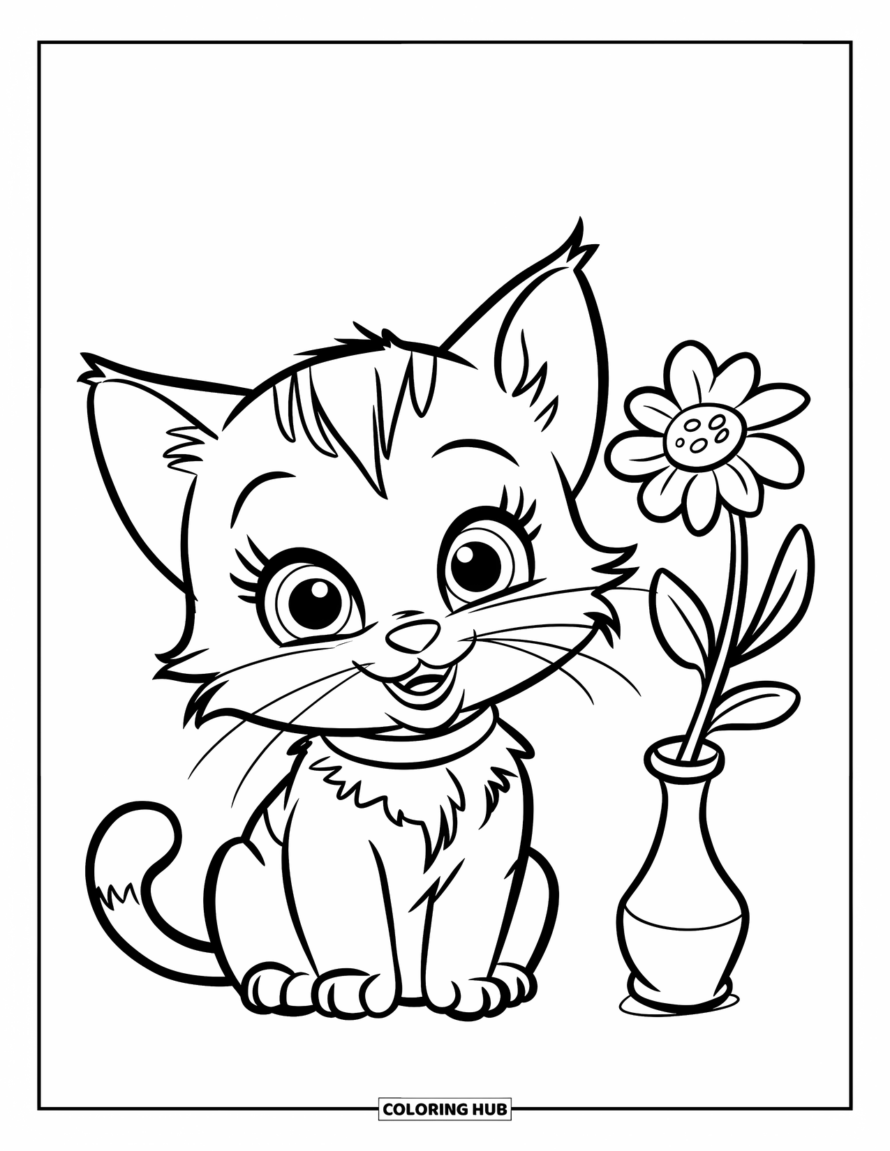 Baby Animal Coloring Page for Kids: A tiny kitten sits next to a flower vase in a blank scene