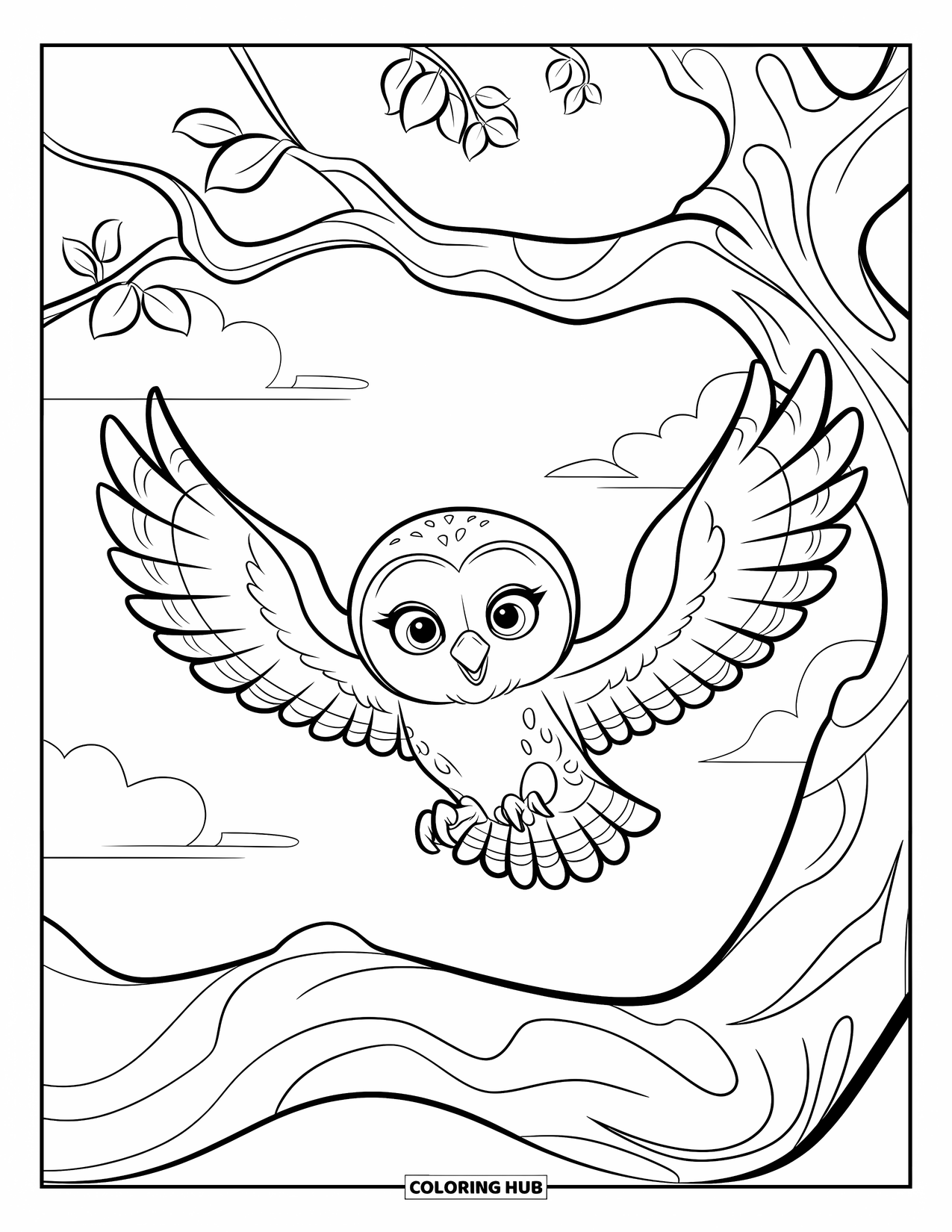 Baby Animal Coloring Page for Kids: A wide-eyed owl glides between clouds and forest trees