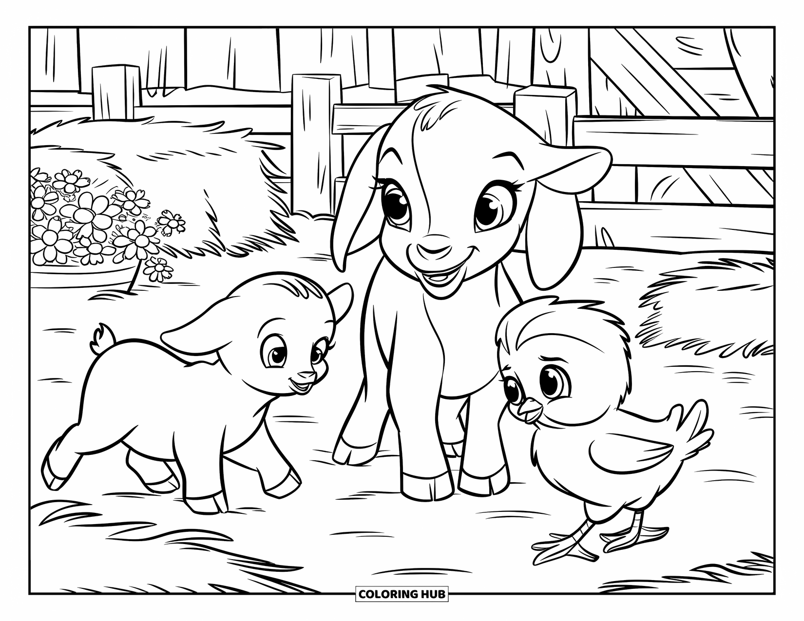 Baby Animal Coloring Page for Kids: Farmyard babies with big eyes roam near hay and flowers