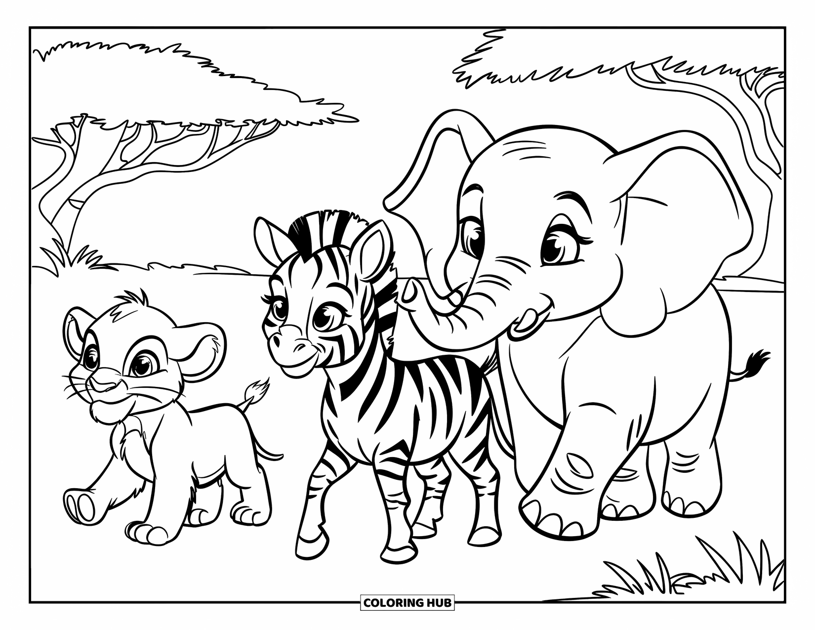 Baby Animal Coloring Page for Kids: Savanna friends march across grassy plains with big smiles