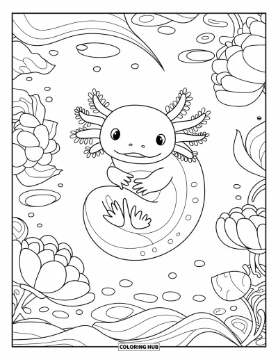 Målarbild med axolotlungar för vuxna: Axolotl kurar ihop sig inuti en ram av lotusblad och mjuka algvirvlar