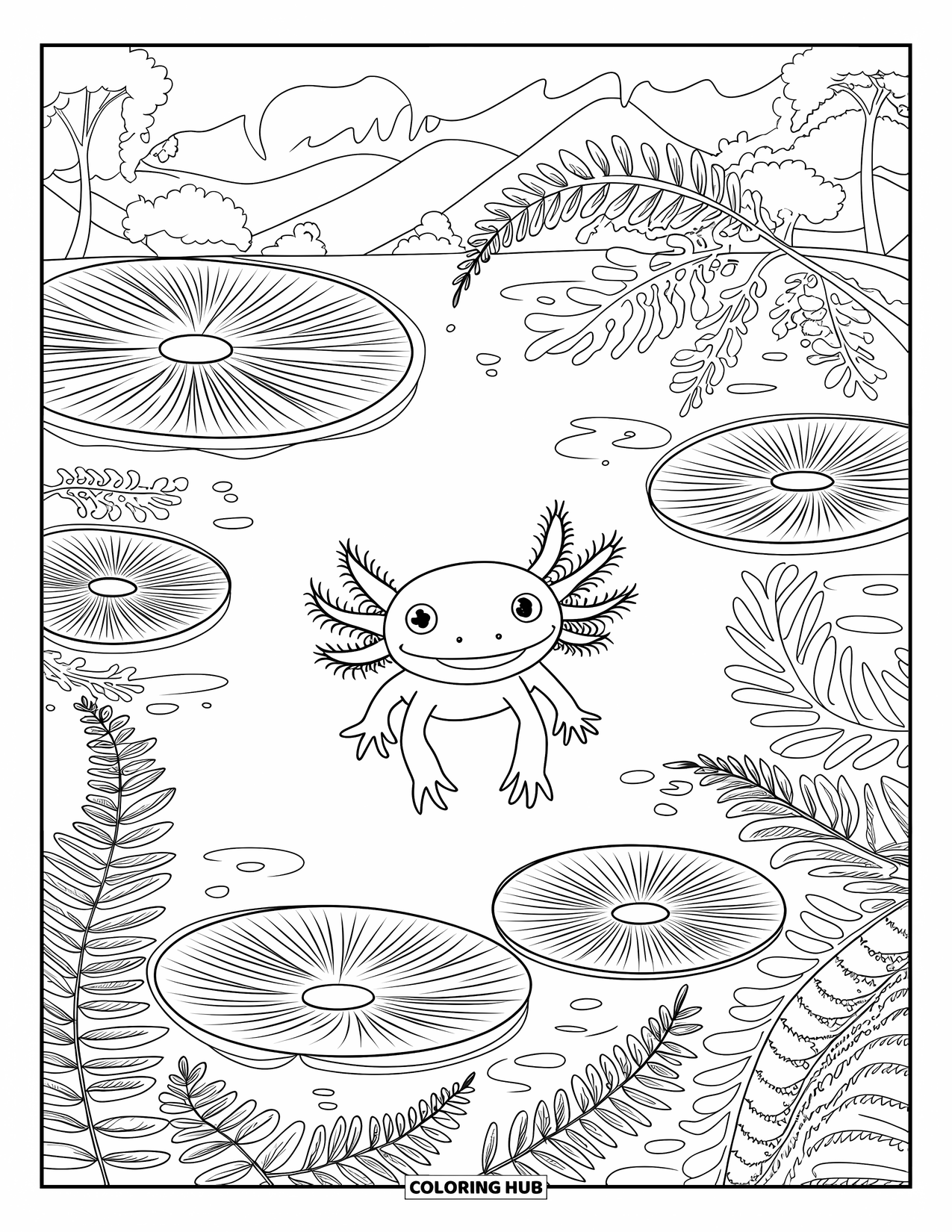 Baby Axolotl Coloring Page for Adults: Axolotl floats in a pond at the heart of a peaceful botanical mandala