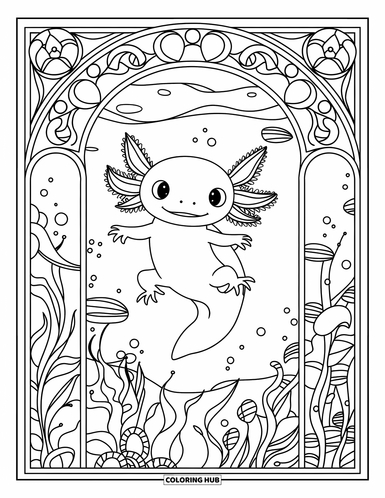 Baby Axolotl Coloring Page for Adults: Axolotl floats in stained glass filled with underwater plants and tiny creatures