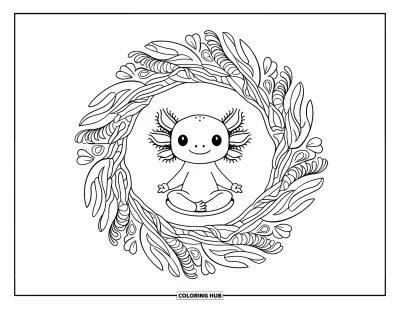 Målarbild med axolotlungar för vuxna: Axolotl i lotusposition sitter inuti ett lugnt mandala av mossa och vass