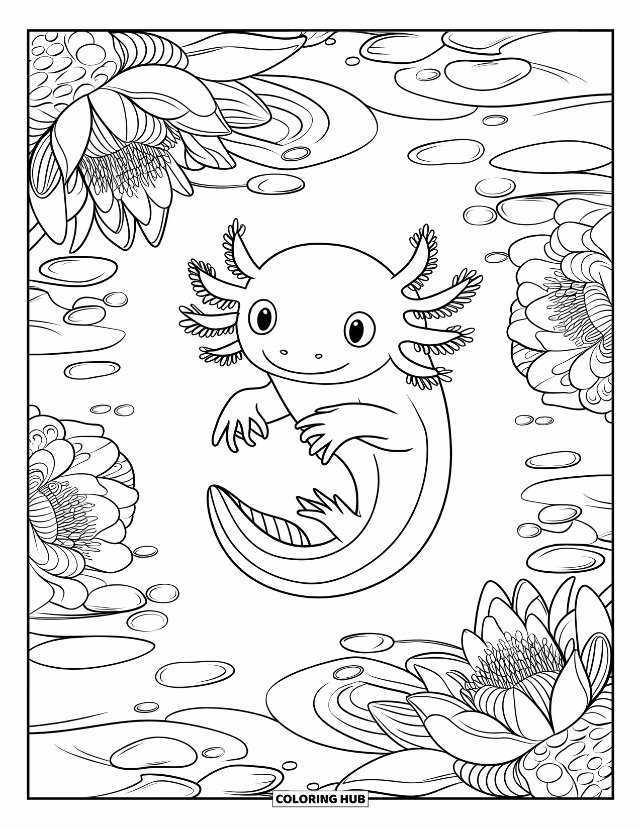 Baby Axolotl Coloring Page for Adults: Axolotl is framed by lotus flowers, swirls, and pebbled rings