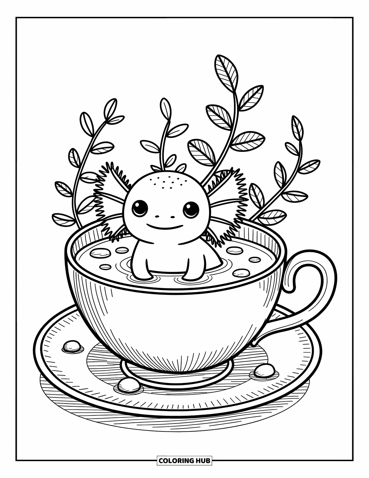 Baby Axolotl Coloring Page for Adults: Axolotl peeks out of a teacup filled with water and soft little plants