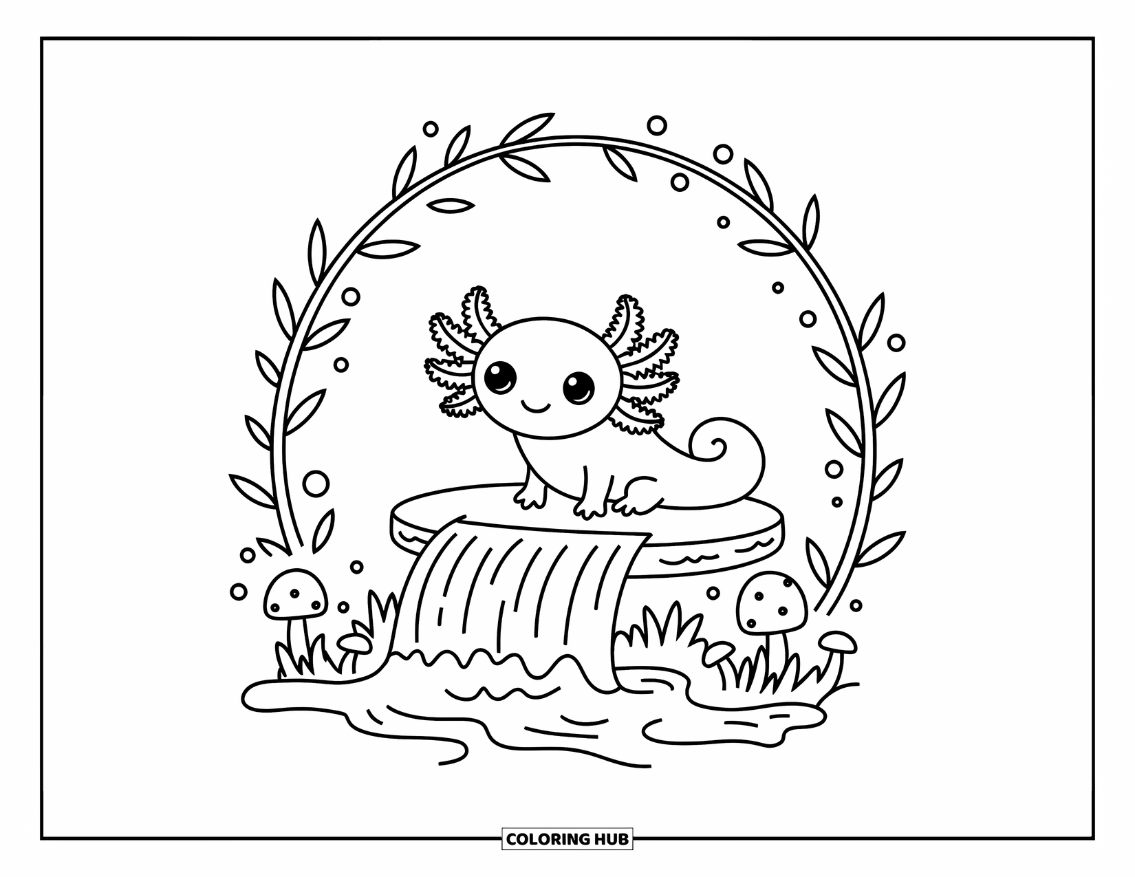 Baby Axolotl Coloring Page for Adults: Axolotl perches by a waterfall, surrounded by moss and floating bubbles