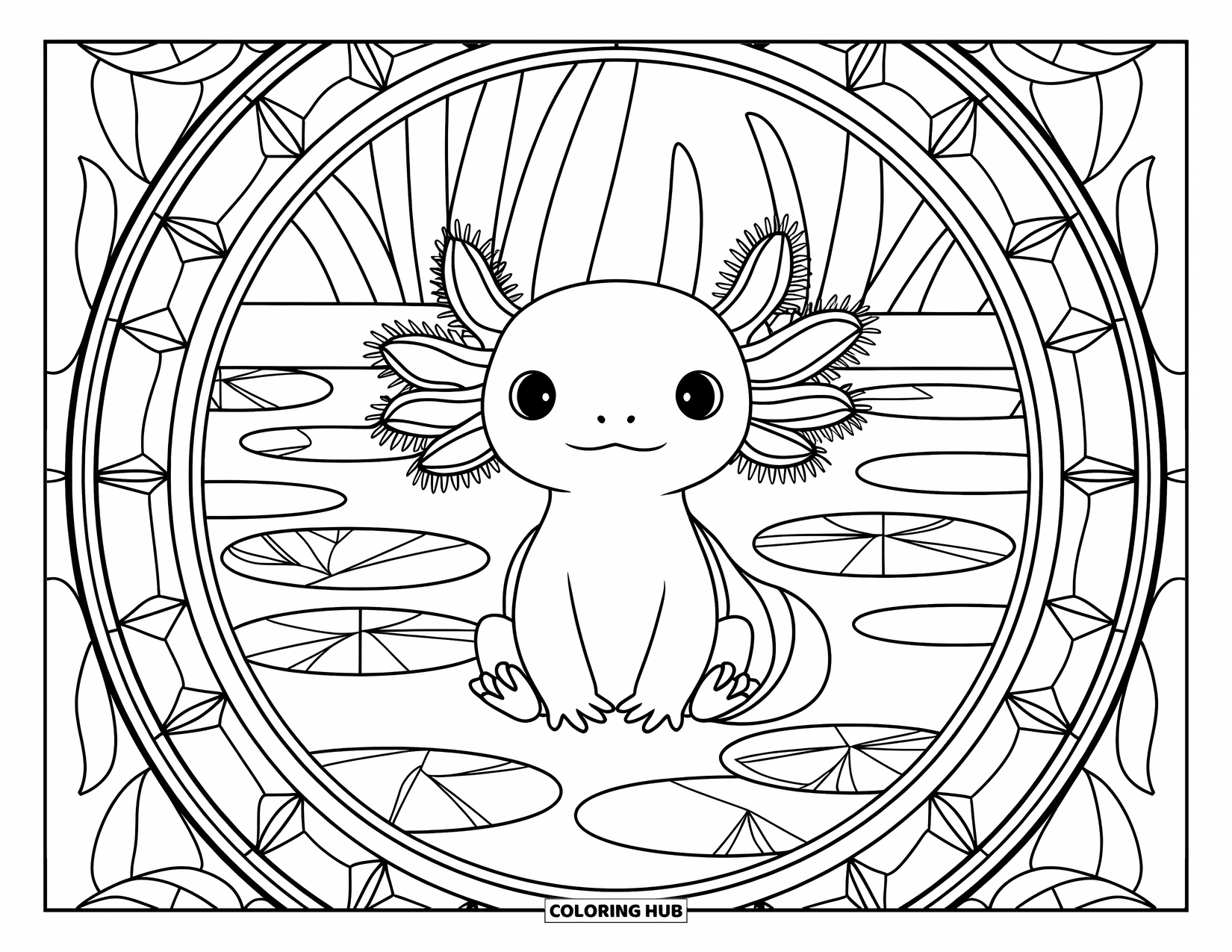 Baby Axolotl Coloring Page for Adults: Axolotl rests in a glass circle filled with lily pads and gentle water plants