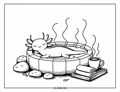 Målarbild med axolotlungar för vuxna: Axolotl vilar i ett varmt bad omgiven av stenar och mjuk ånga