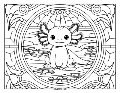 Målarbild med axolotlungar för vuxna: Axolotl sitter lugnt inuti en glasmålericirkel med fridfulla dammscener