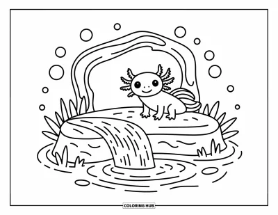 Målarbild med axolotlungar för vuxna: Axolotl sitter på en sten och tittar på ett litet vattenfall med nyfikna ögon