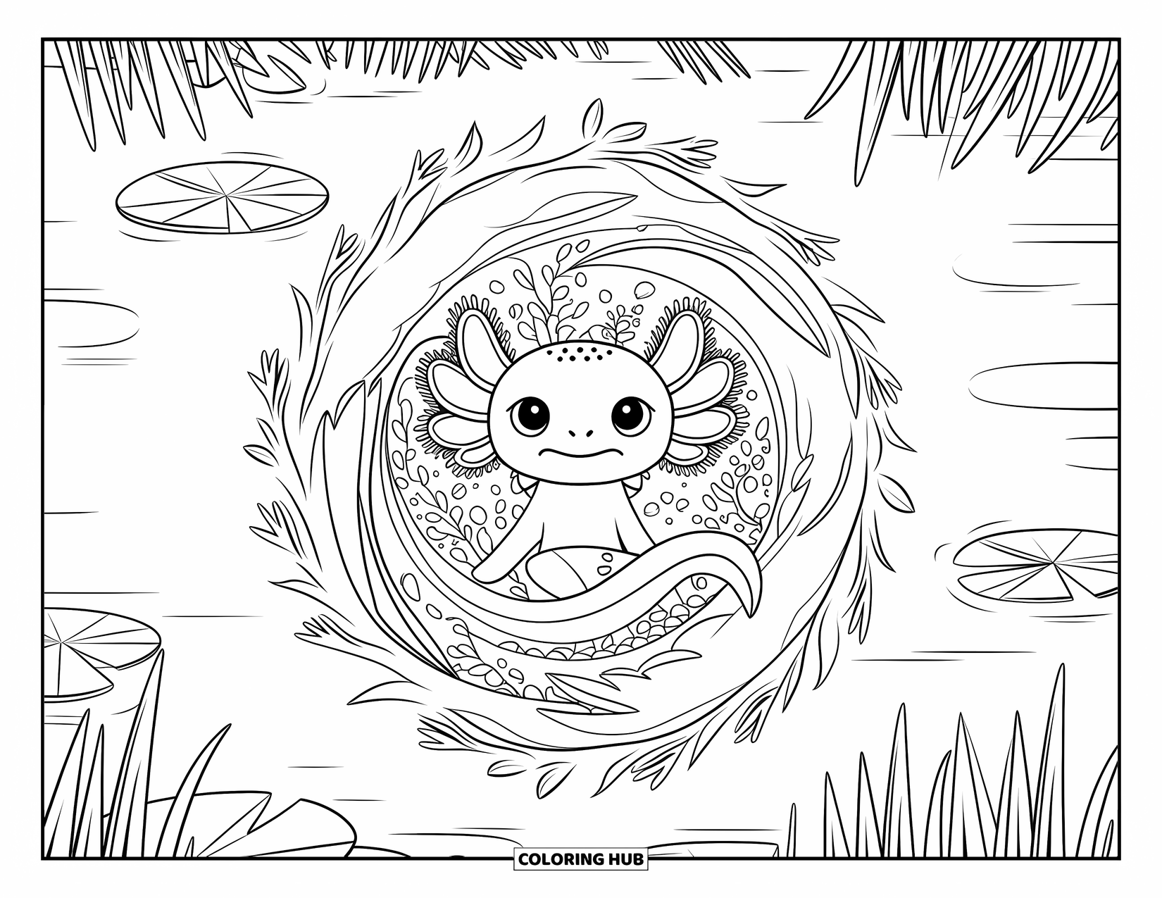 Baby Axolotl Coloring Page for Adults: Axolotl sits peacefully inside a mandala of moss and reed patterns