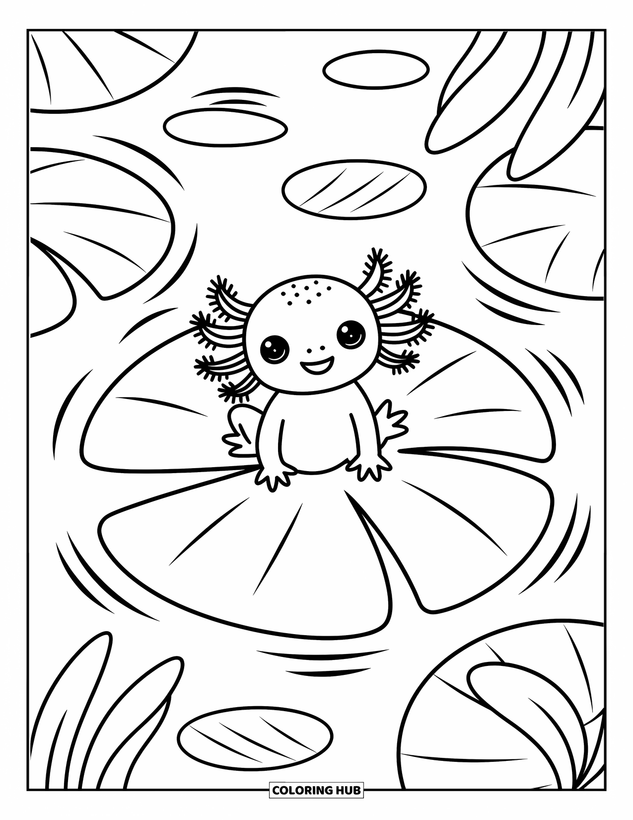 Baby Axolotl Coloring Page for Adults: Axolotl stretches on a lily pad surrounded by ripples and tiny leaves