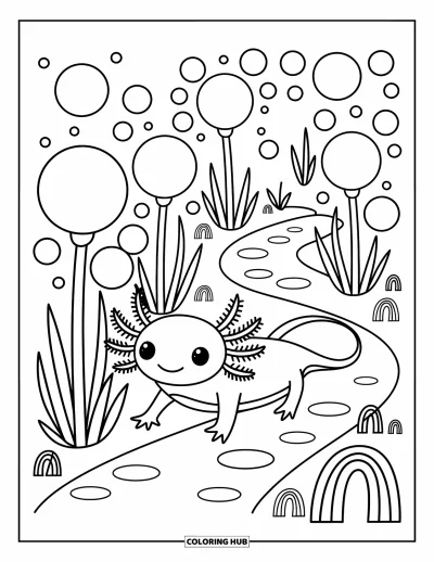 Målarbild med axolotlungar för vuxna: Axolotl promenerar längs en bubbelfylld stig med hoppstenar och trädgårdsvalv
