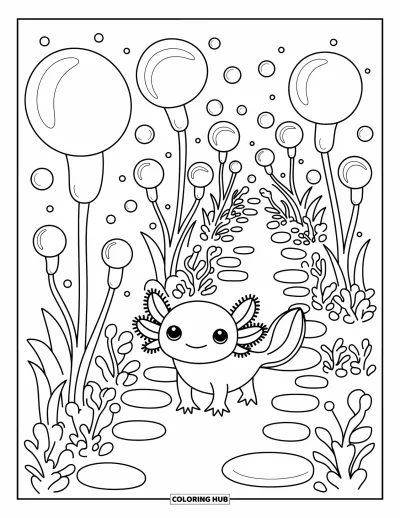 Målarbild med axolotlungar för vuxna: Axolotl vandrar längs en slingrande stig med flytande bubblor och roliga små valv