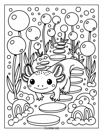 Målarbild med axolotlungar för vuxna: Axolotl vandrar förbi bubbelblåsande växter och små valv längs en slingrande stig
