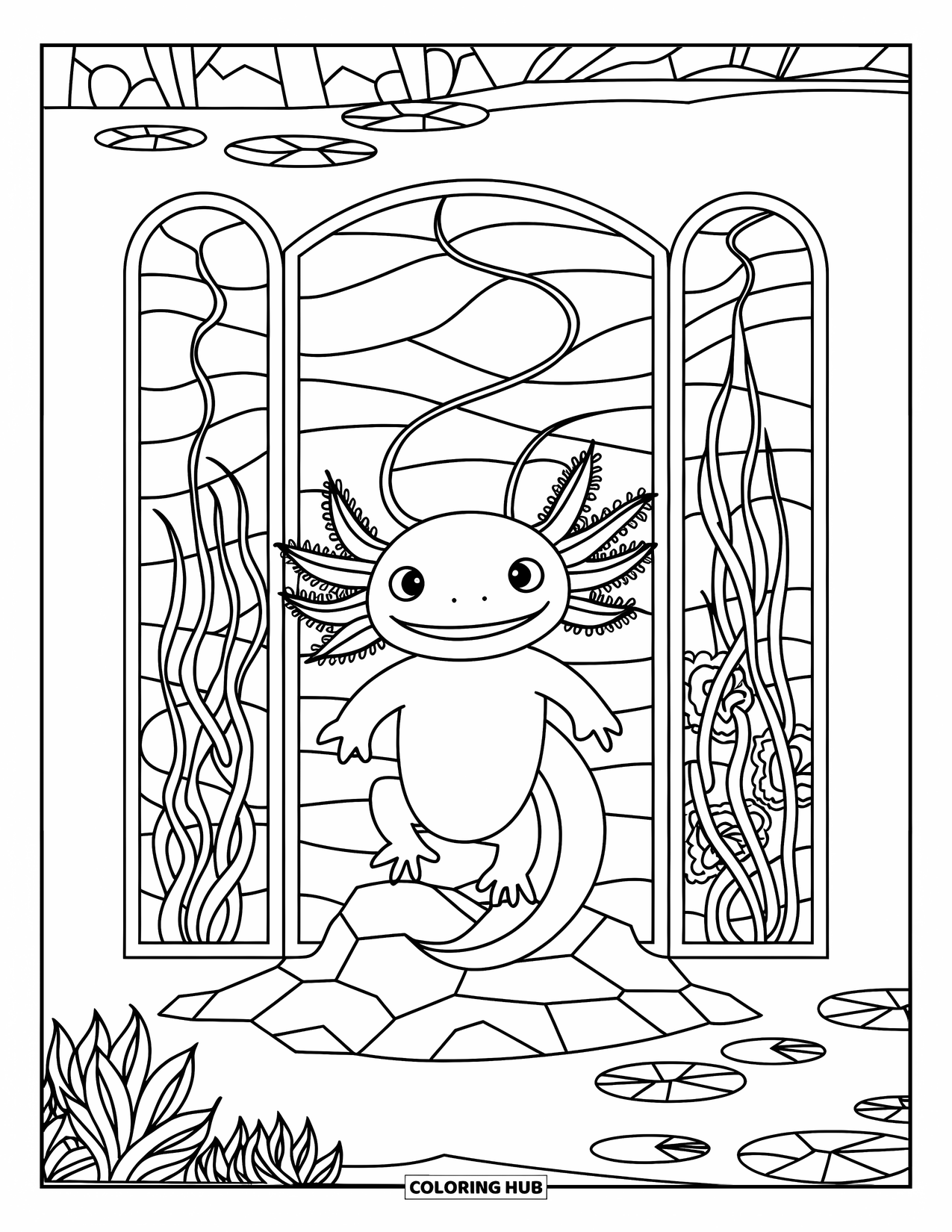 Baby Axolotl Coloring Page for Adults: Axolotl with open eyes sits in the center of decorative stained glass art