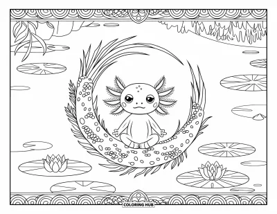Målarbild med axolotlungar för vuxna: Lugn axolotl mediterar inuti ett lövigt mandala med dammblommor i närheten