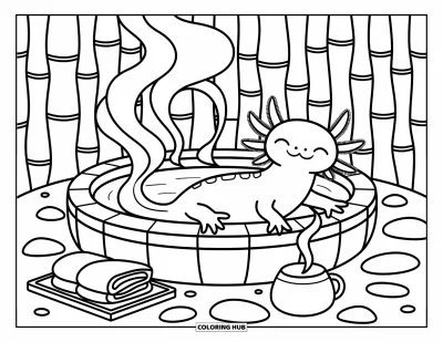 Målarbild med axolotlungar för vuxna: Avslappnad axolotl chillar i ett ångande bad med bambu och handdukar i närheten