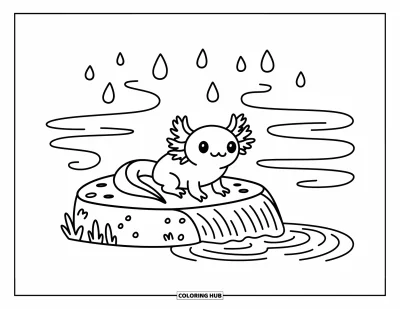 Målarbild med axolotlungar för vuxna: Nyfiken axolotl vilar på en sten nära ett forsande vattenfall