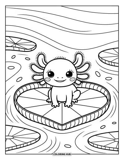 Målarbild med axolotlungar för vuxna: Nyfiken axolotl sitter på ett hjärtformat näckrosblad bland virvlande damm­ringar