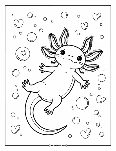 Målarbild med axolotlungar för vuxna: Flytande axolotl sträcker sig mot en stjärnformad bubbla i en lugn damm