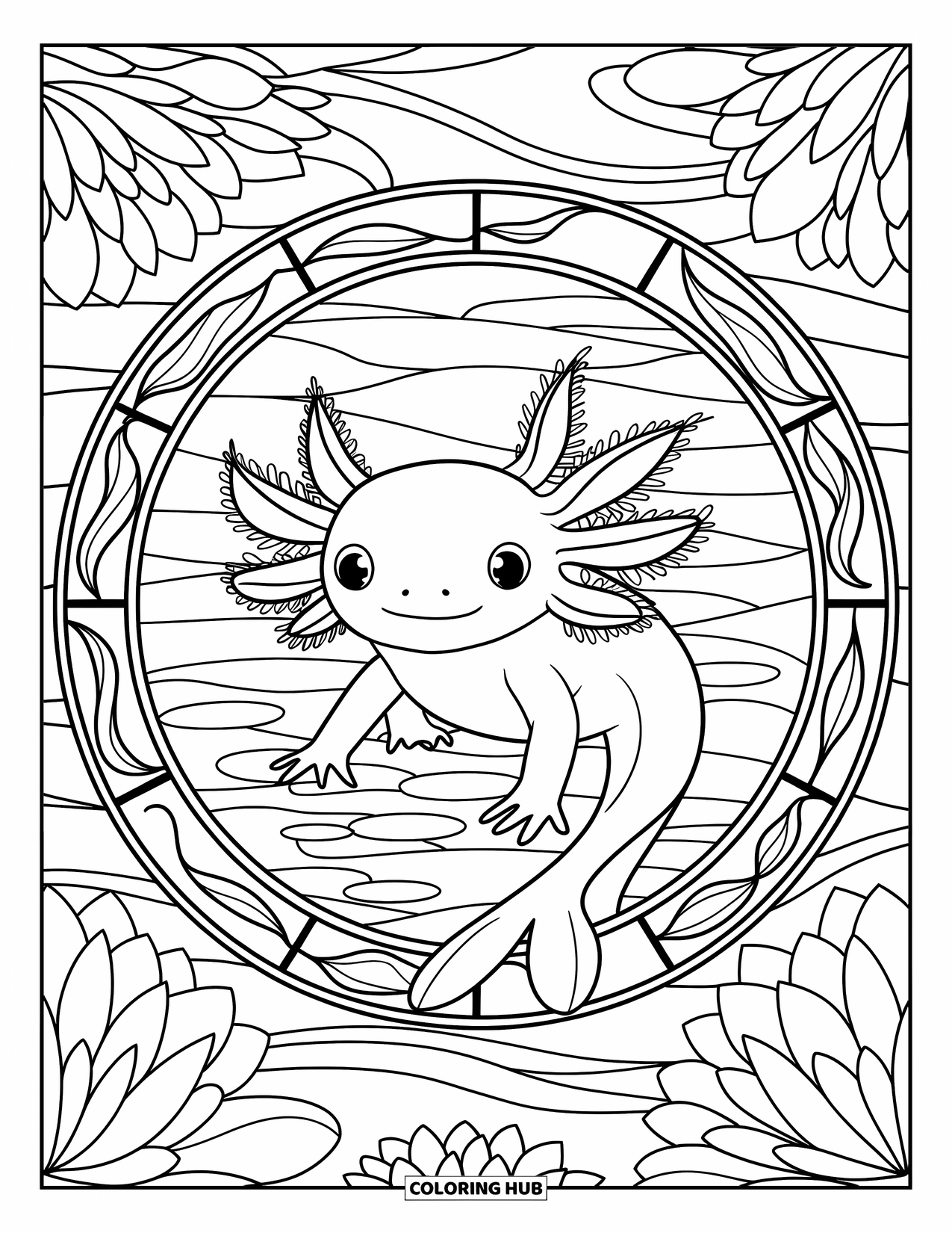 Baby Axolotl Coloring Page for Adults: Graceful axolotl rests inside panels of aquatic stained glass and soft ripples