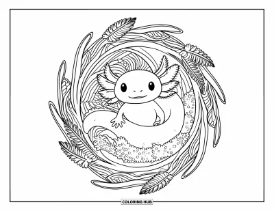 Målarbild med axolotlungar för vuxna: Mediterande axolotl vilar i ett virvlande mandala av mossa och vass