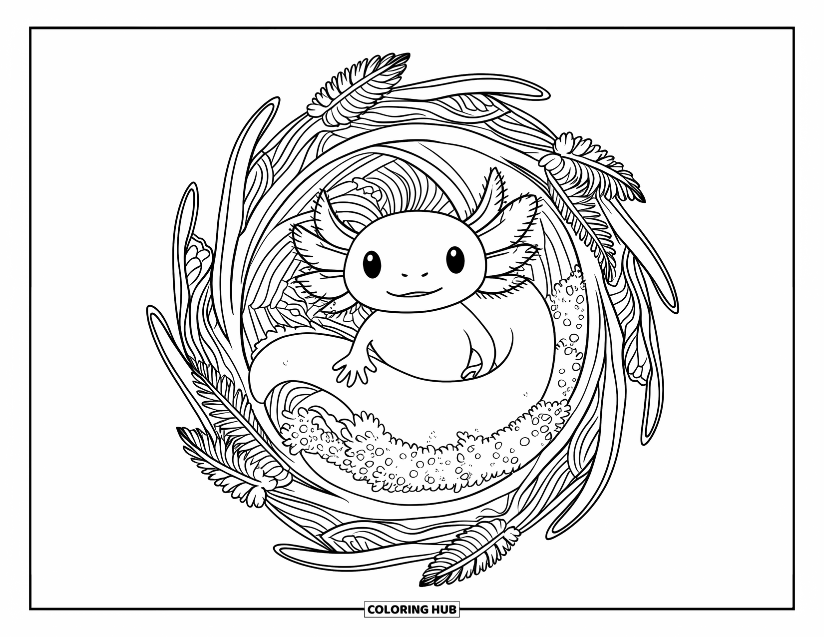 Baby Axolotl Coloring Page for Adults: Meditating axolotl rests within a swirling moss and reed mandala